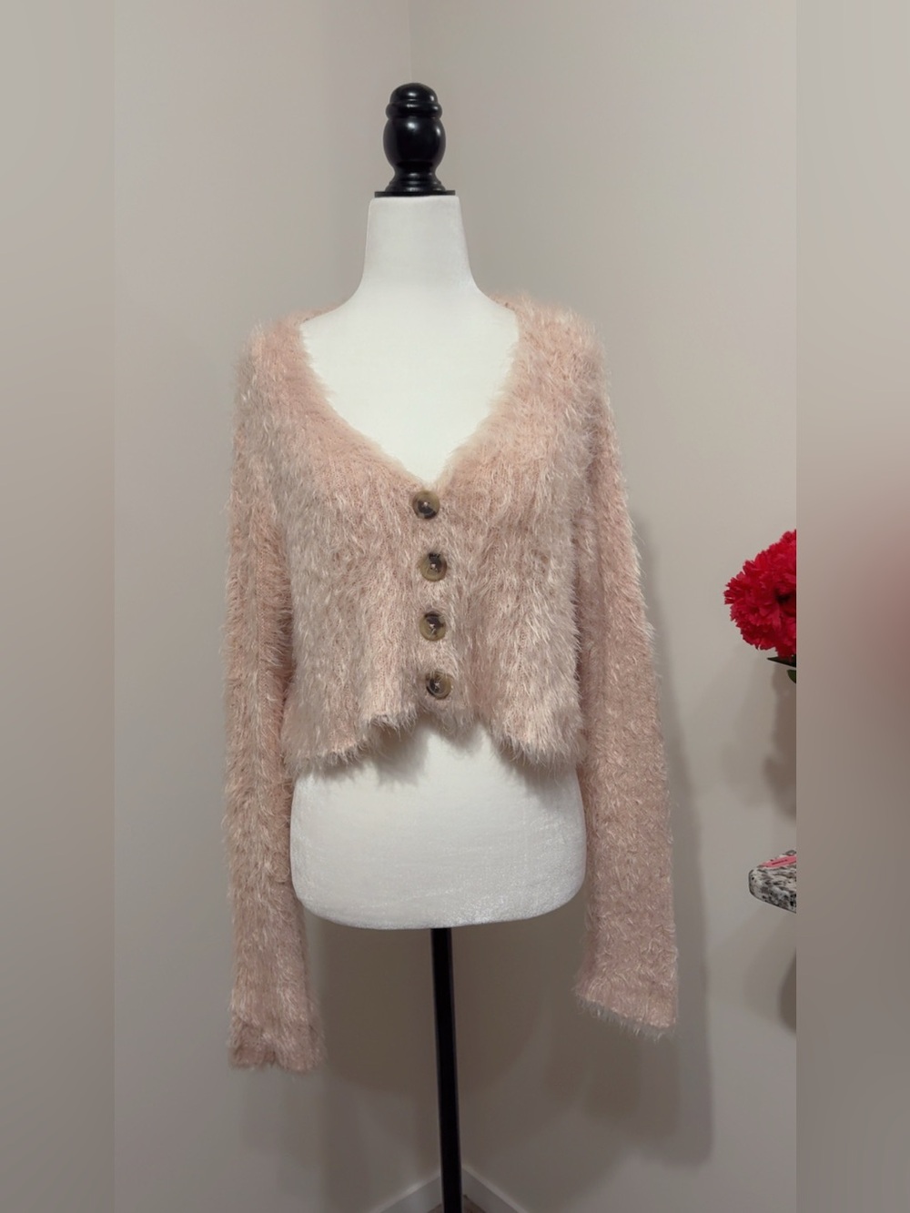 Harlow Blush Fuzzy V-Neck Button Cardigan